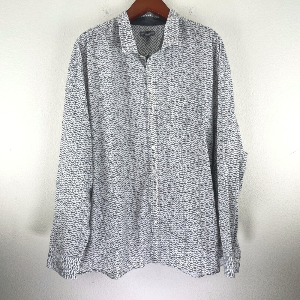 Geoffrey Beene Mens 4XL 21in Neck Fish Print Button Down Shirt Long Sleeve White